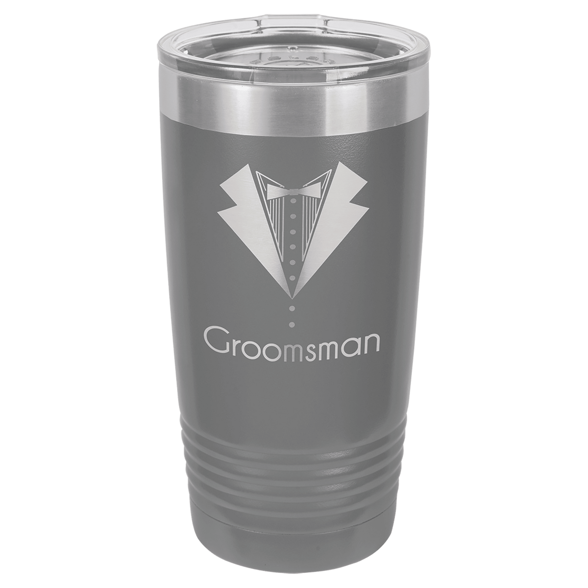Gray tumbler with a tuxedo design and 'Groomsman' text on a white background, polar camel.