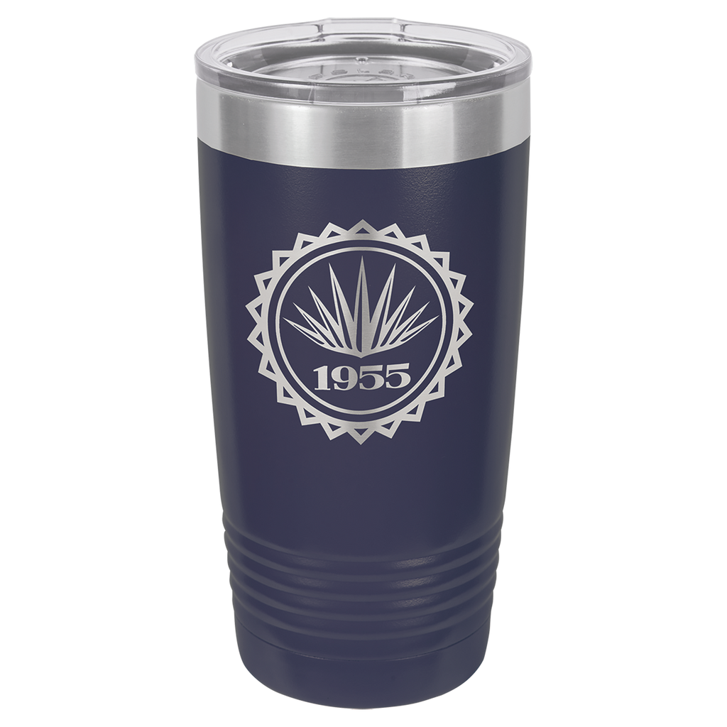 Navy blue tumbler with silver lid featuring a white emblem and number '1955' on a white background, polar camel.