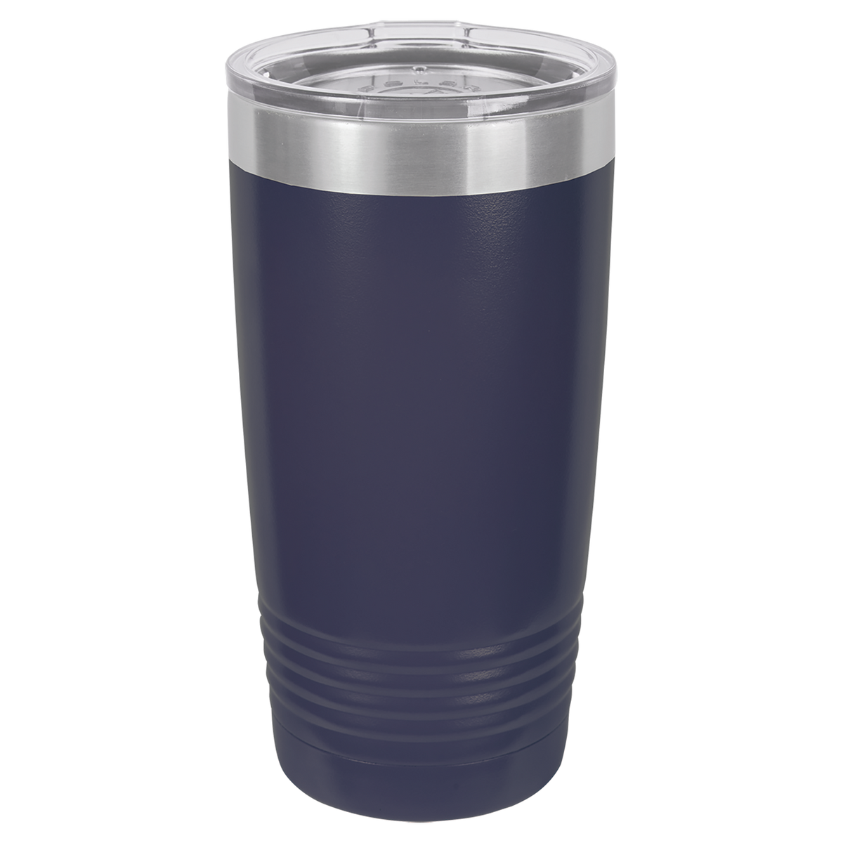 Navy blue tumbler with a silver lid on a white background, polar camel.