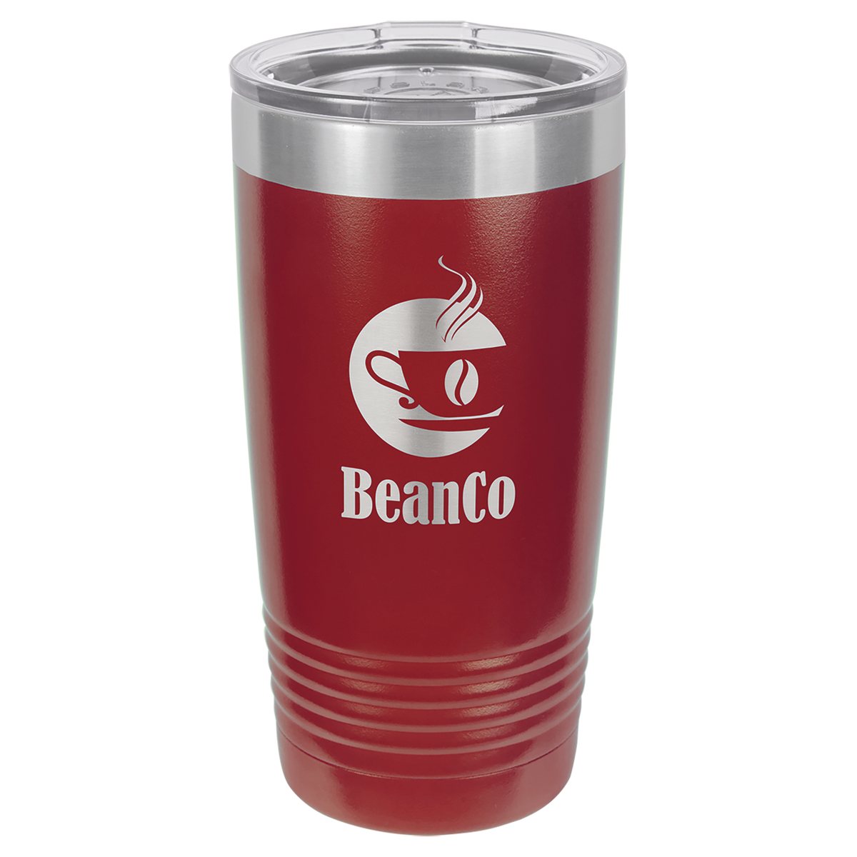 Red insulated tumbler with 'BeanCo' logo on a white background, polar camel.