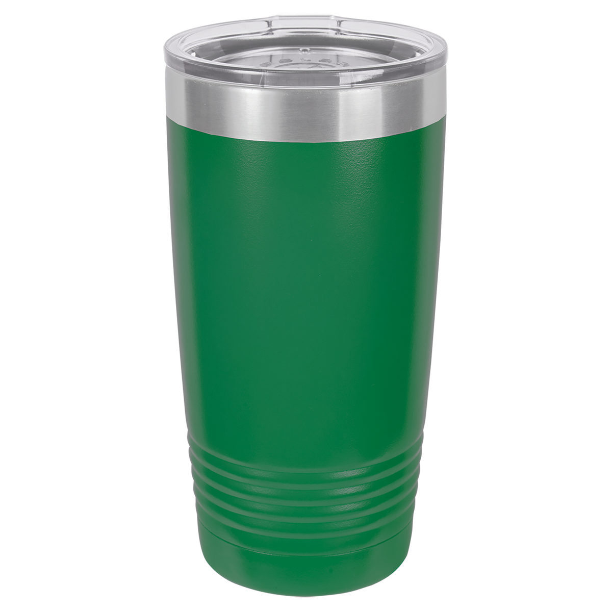 Green insulated tumbler with silver lid on a white background, polar camel.