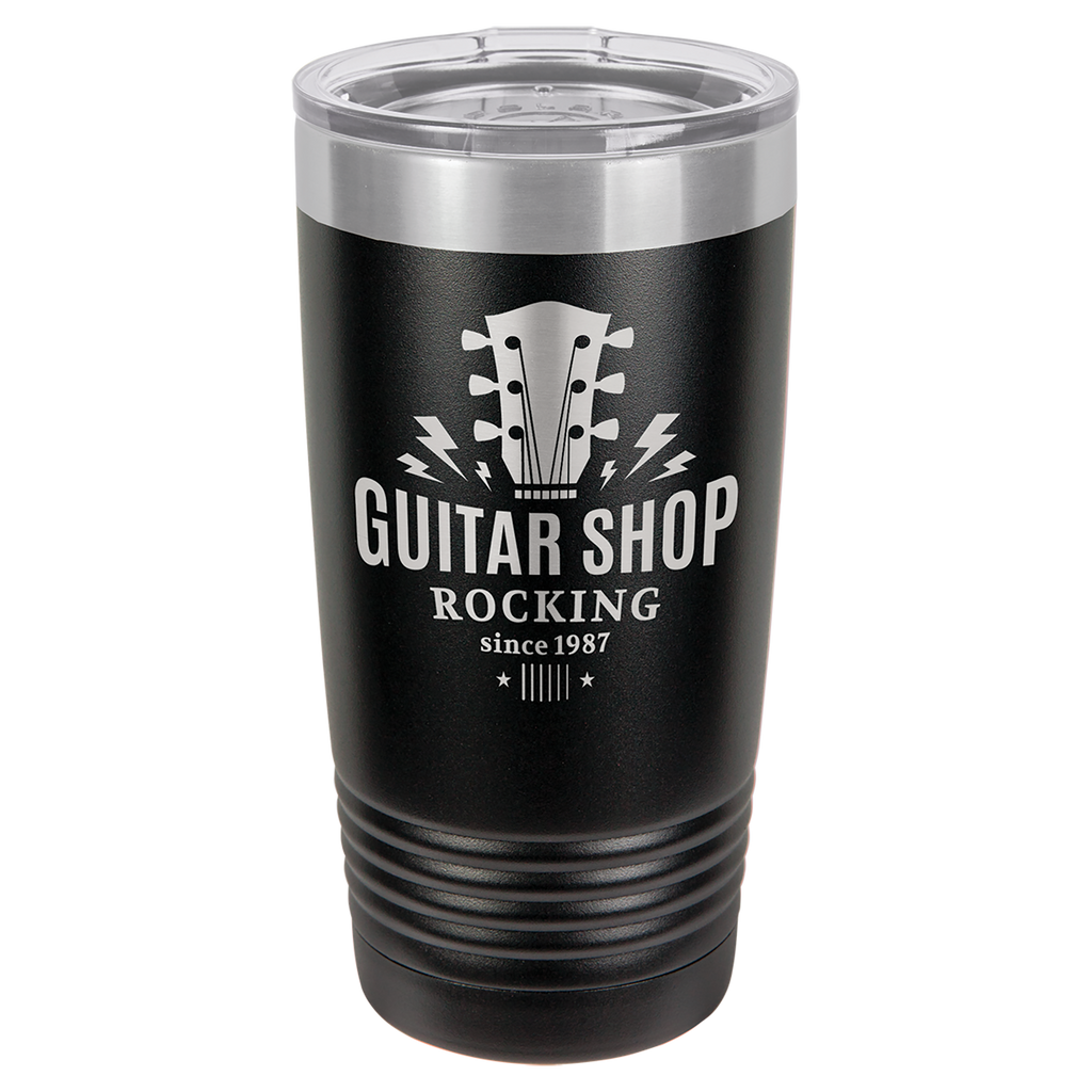 Black tumbler with 'Guitar Shop Rocking since 1987' text and guitar graphic on a white background, polar camel.