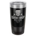 Black tumbler with 'Guitar Shop Rocking since 1987' text and guitar graphic on a white background, polar camel.