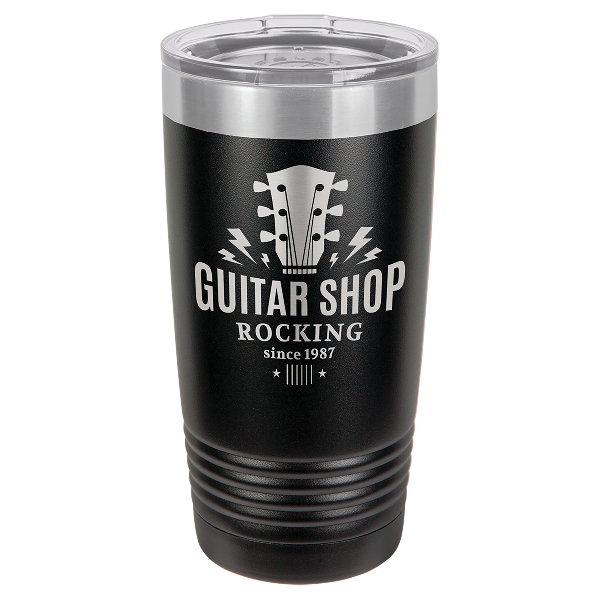 Black tumbler with 'Guitar Shop Rocking since 1987' text and guitar graphic on a white background, polar camel.