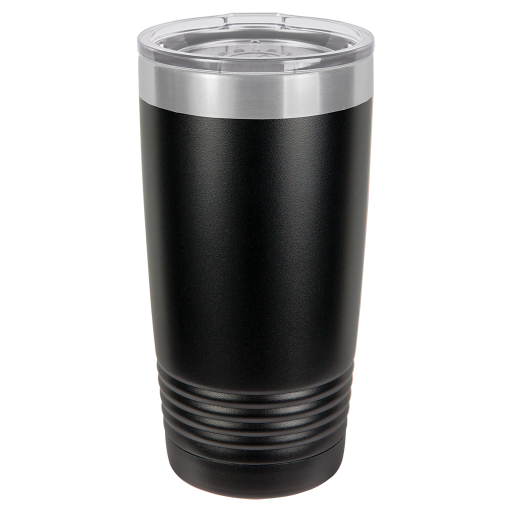 Black insulated tumbler with silver lid on a white background, polar camel.