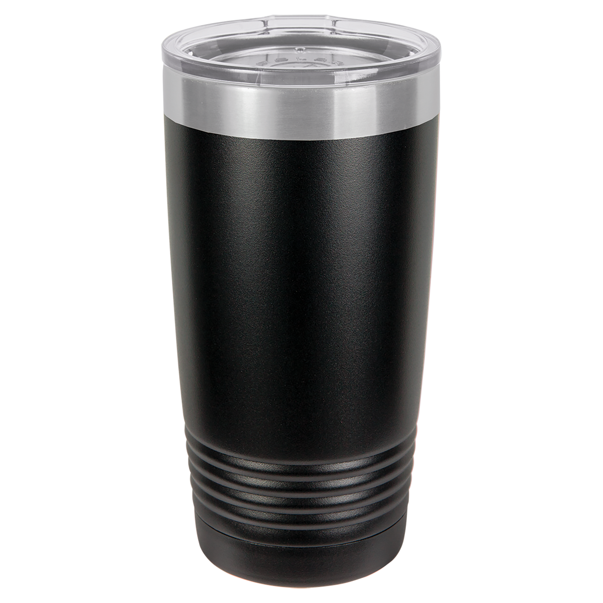 Black insulated tumbler with silver lid on a white background, polar camel.