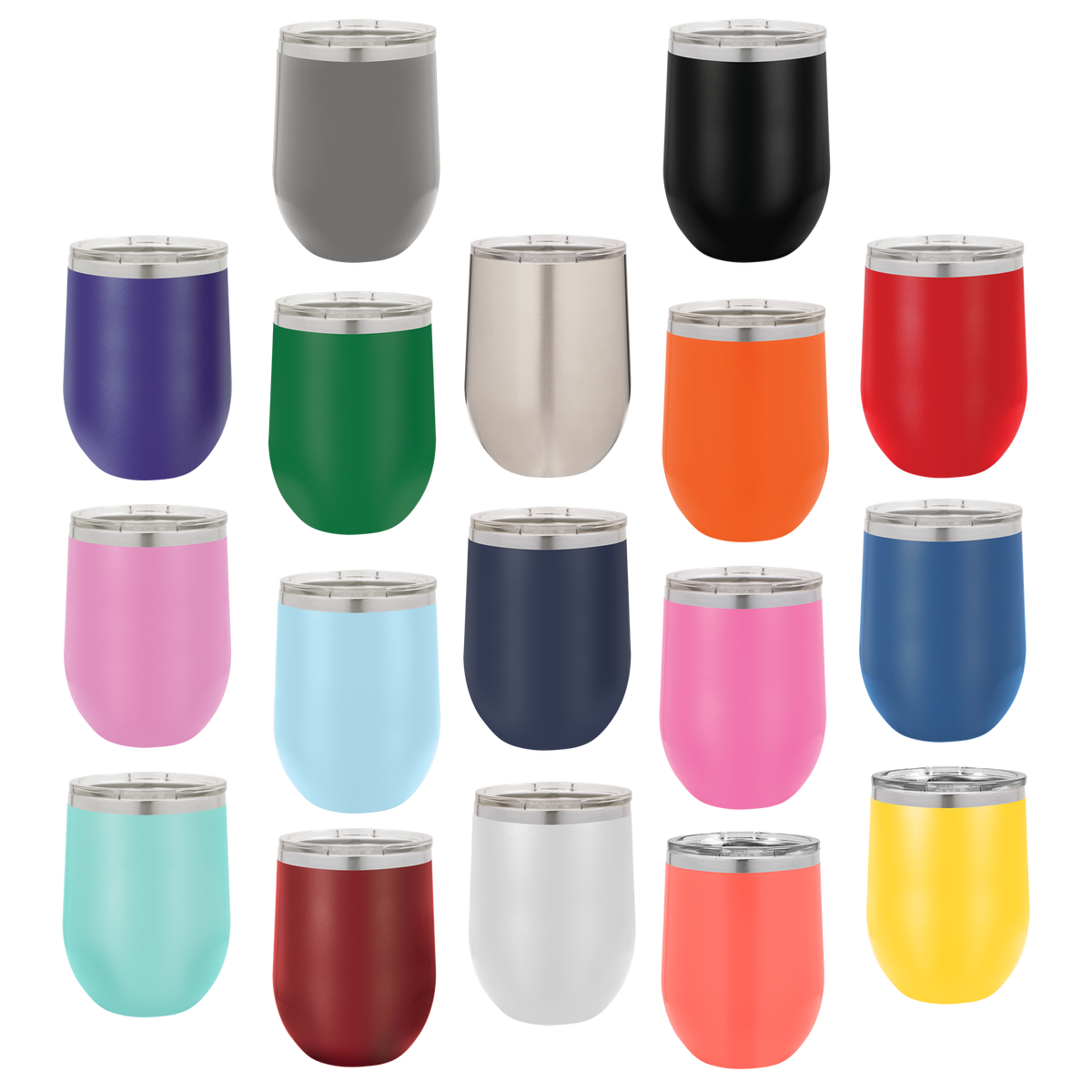 Collection of colorful insulated wine tumblers with silver rims on a white background, polar camel.
