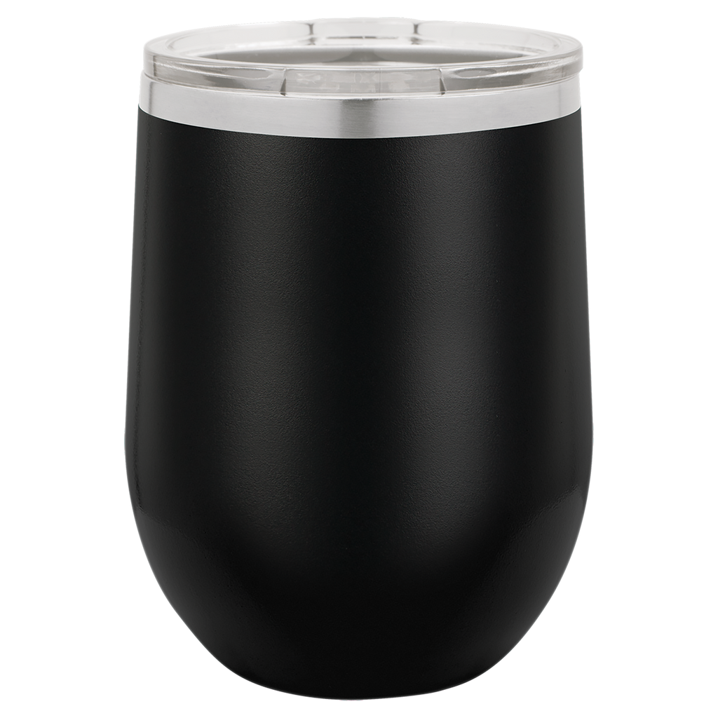 Black insulated tumbler with a silver lid on a white background, polar camel.