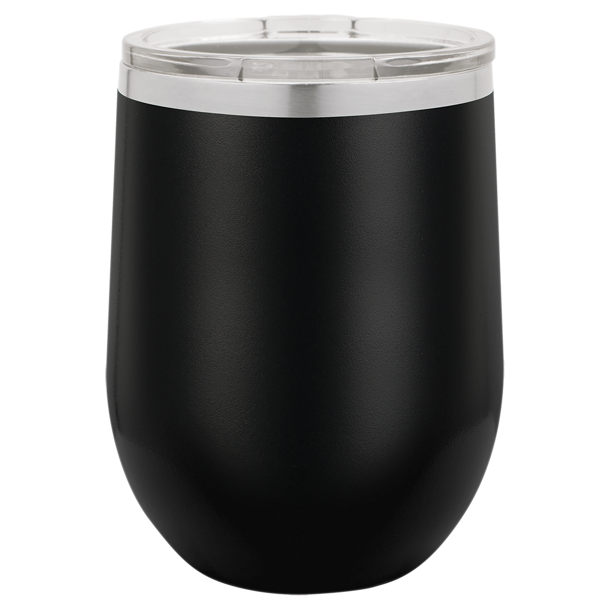 Black insulated tumbler with a silver lid on a white background, polar camel.
