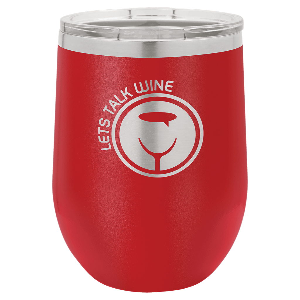Red wine tumbler with 'Let's Talk Wine' logo on a white background, polar camel.