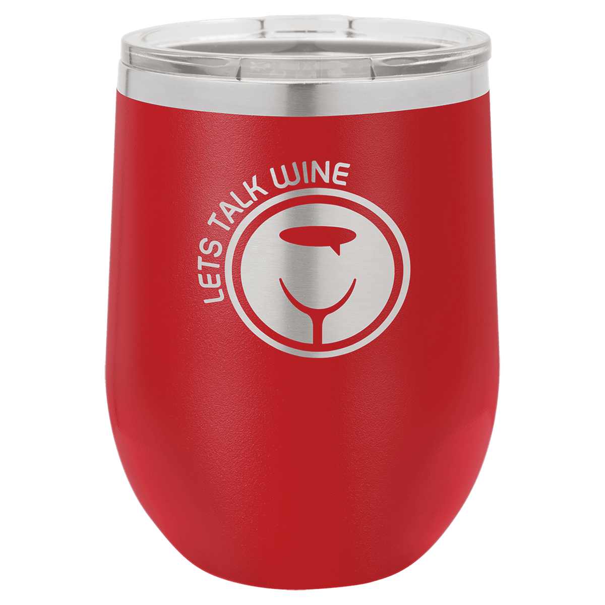 Red wine tumbler with 'Let's Talk Wine' logo on a white background, polar camel.