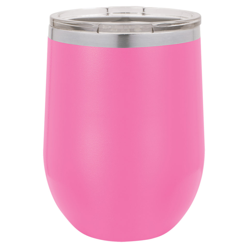 Pink insulated tumbler with a silver lid on a white background, polar camel.