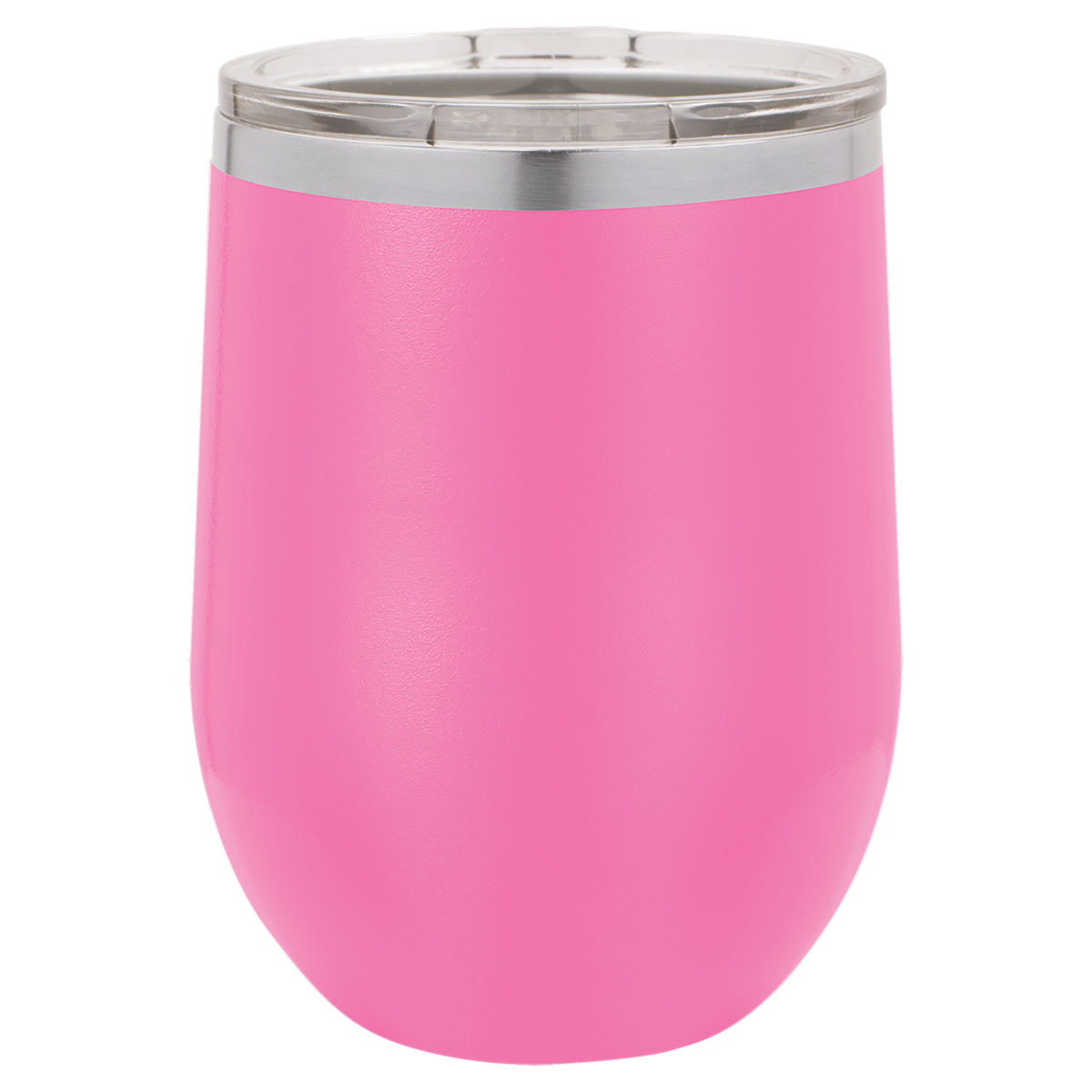Pink insulated tumbler with a silver lid on a white background, polar camel.