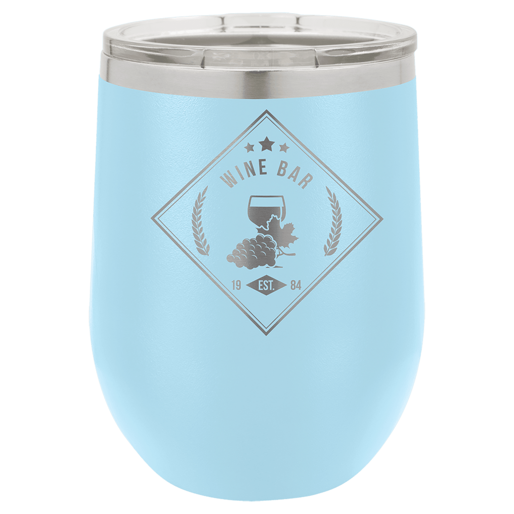 Light blue wine tumbler with 'Wine Bar' design on a green background, polar camel.
