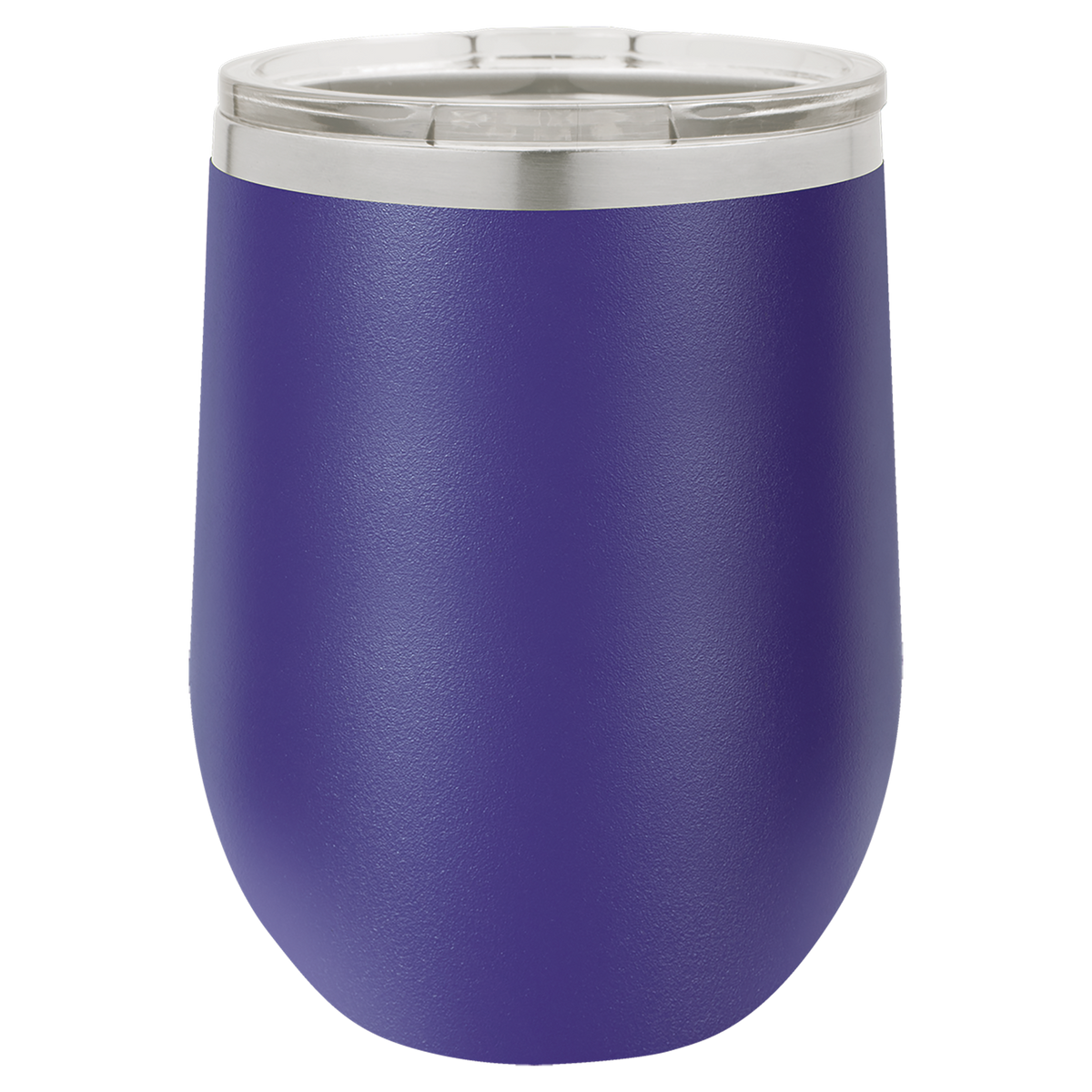 Purple insulated tumbler with silver lid on a white background, polar camel.
