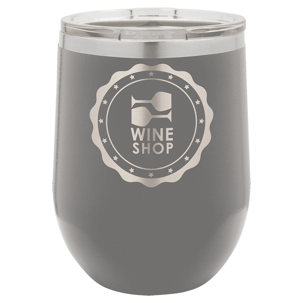 Gray tumbler with 'Wine Shop' logo on a transparent background, polar camel.