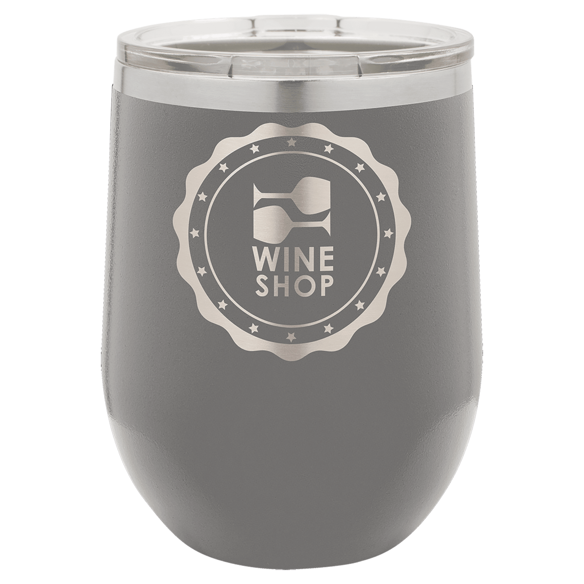 Gray tumbler with 'Wine Shop' logo on a transparent background, polar camel.