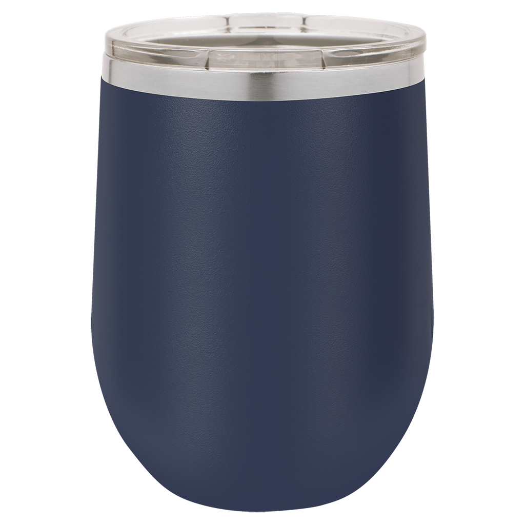 Navy blue tumbler with a silver lid on a white background, polar camel.