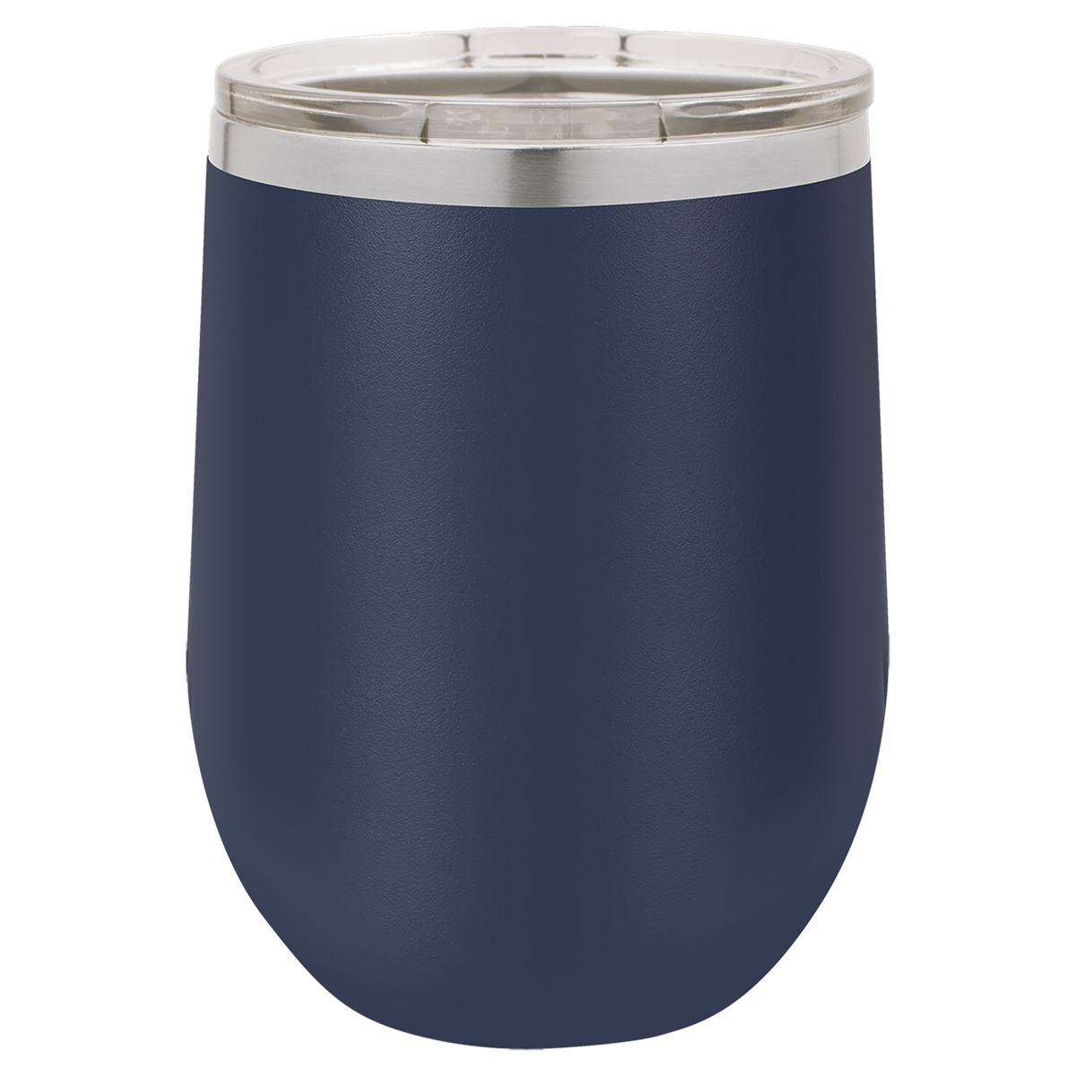 Navy blue tumbler with a silver lid on a white background, polar camel.