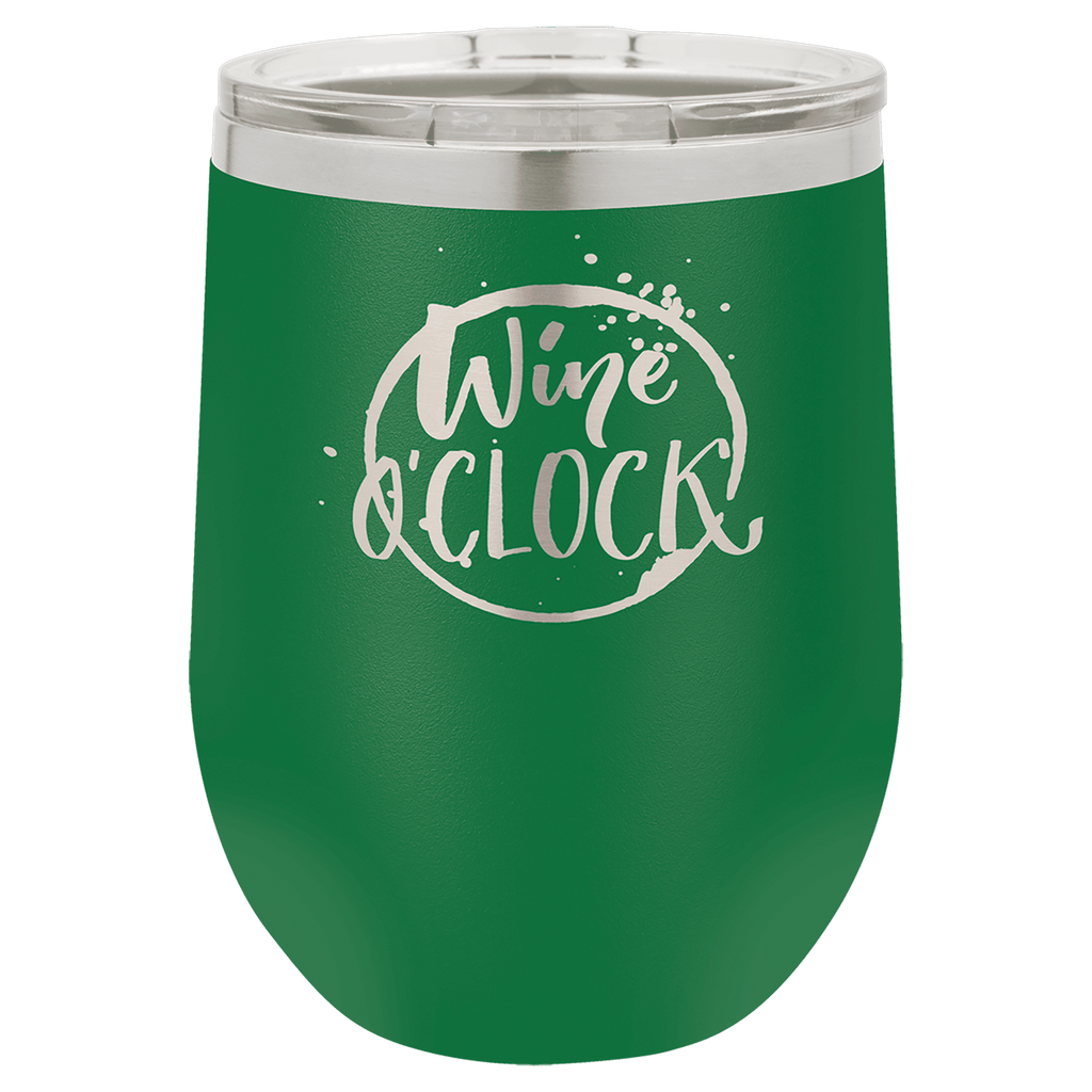 Green tumbler with 'Wine O'Clock' text on a transparent background, polar camel.