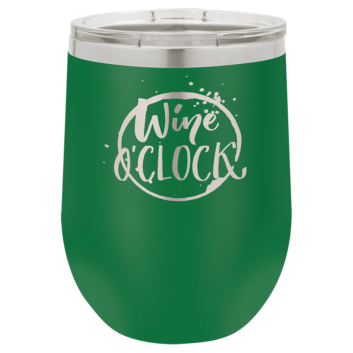 Green tumbler with 'Wine O'Clock' text on a transparent background, polar camel.