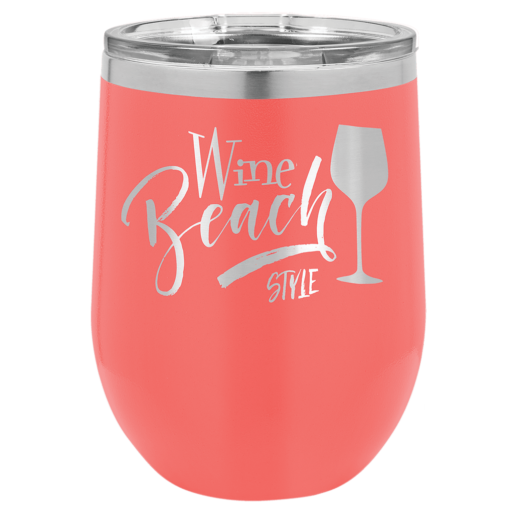 Coral wine tumbler with 'Wine Beach Style' text and wine glass icon on a white background, polar camel.