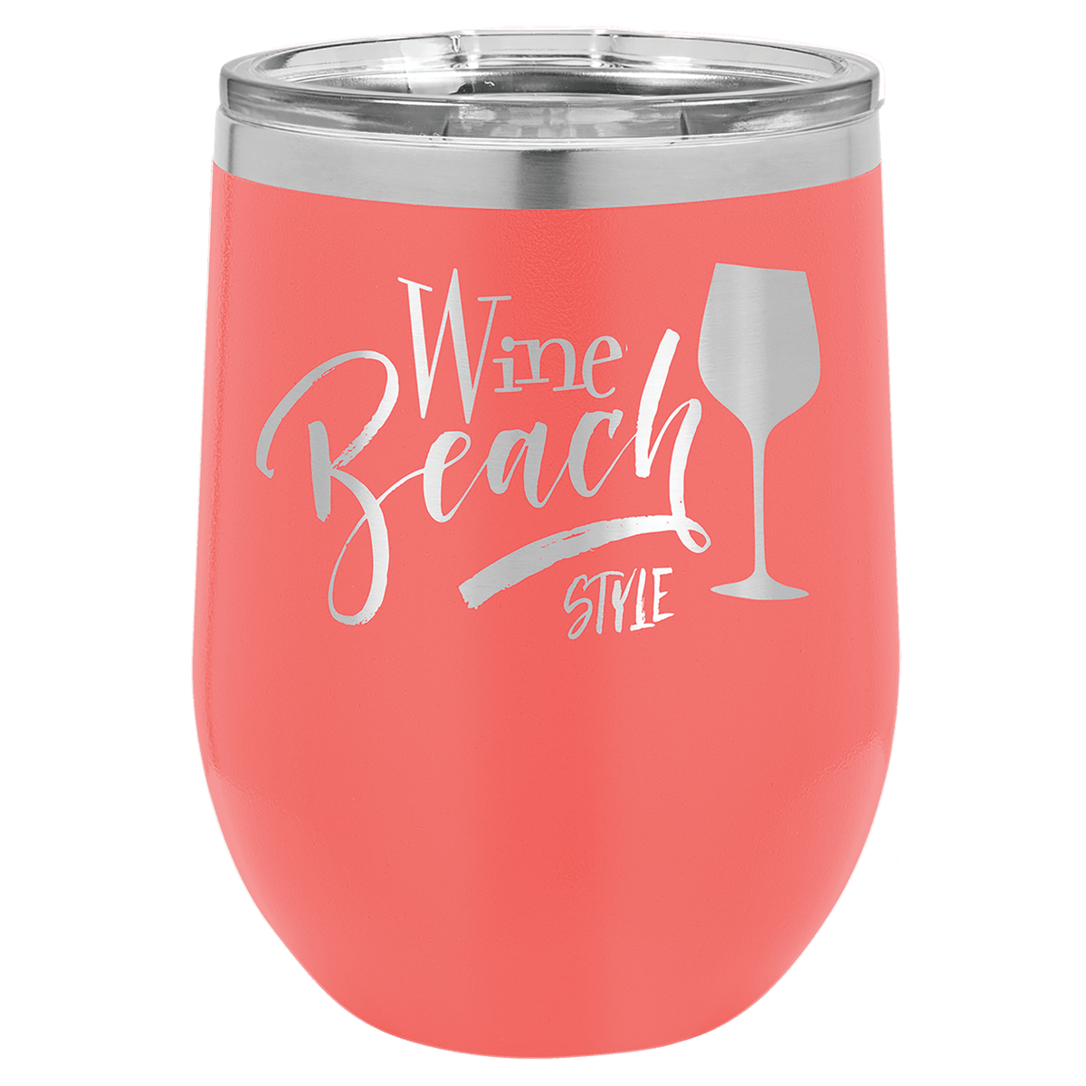 Coral wine tumbler with 'Wine Beach Style' text and wine glass icon on a white background, polar camel.