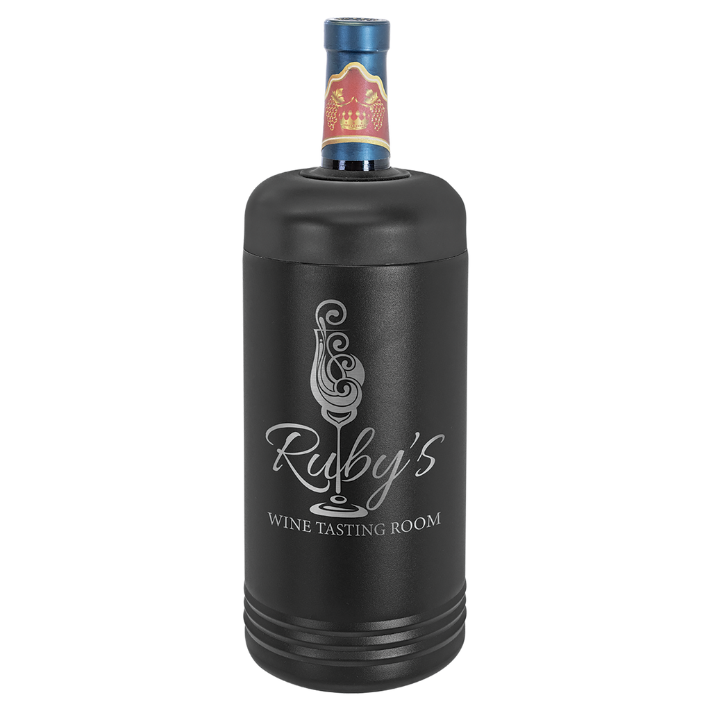 Black wine bottle cooler with 'Ruby's Wine Tasting Room' branding on a white background, polar camel.