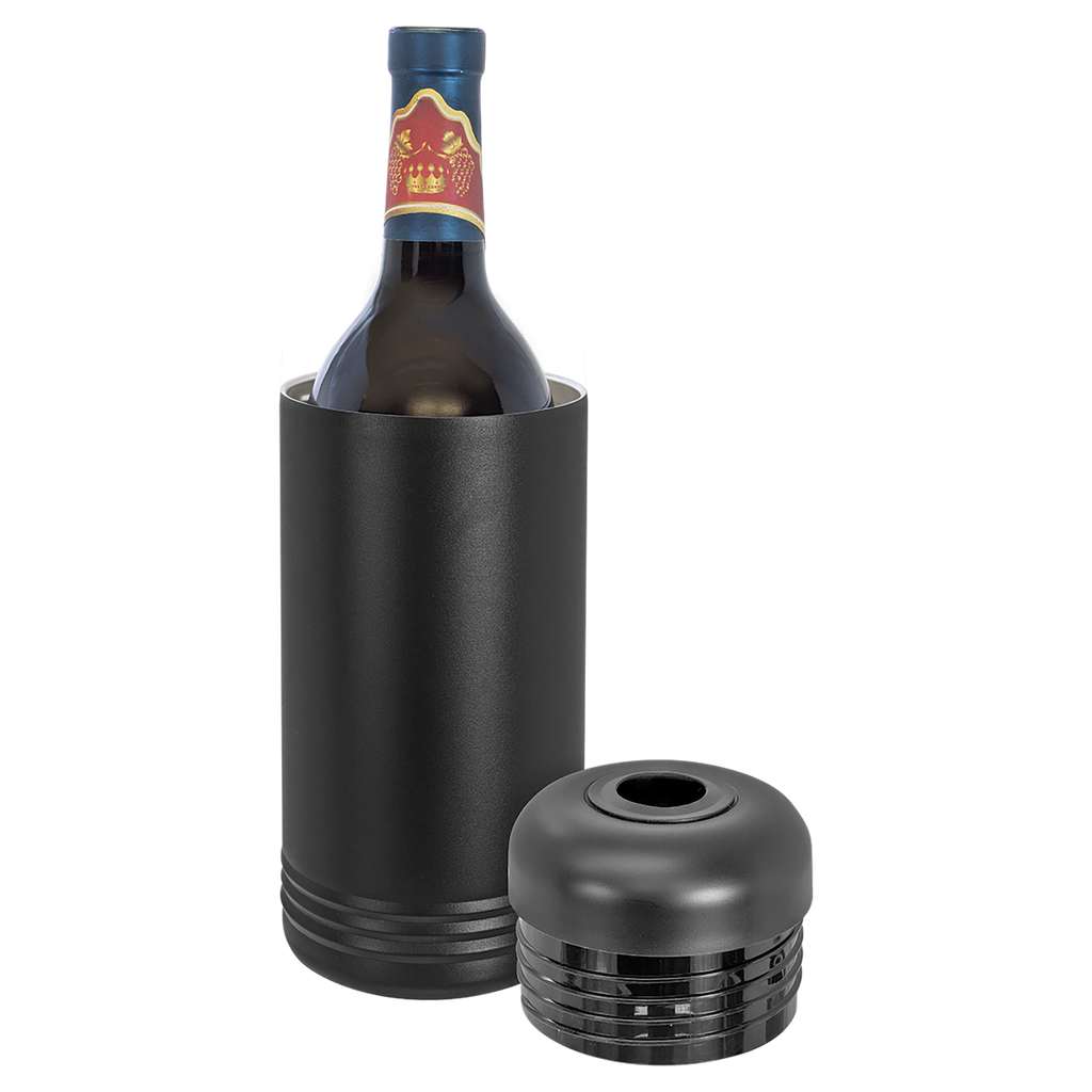 Wine bottle with black wine cooler and wine cork on a white background, polar camel.