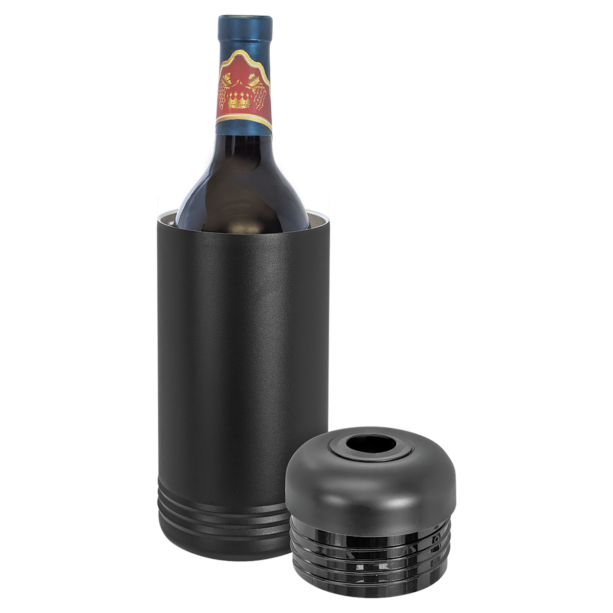 Wine bottle with black wine cooler and wine cork on a white background, polar camel.