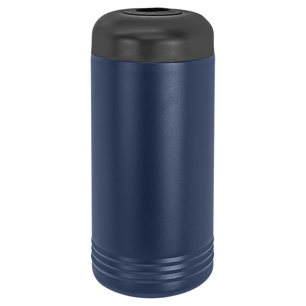 Blue cylindrical trash can with a black lid on a white background, polar camel.