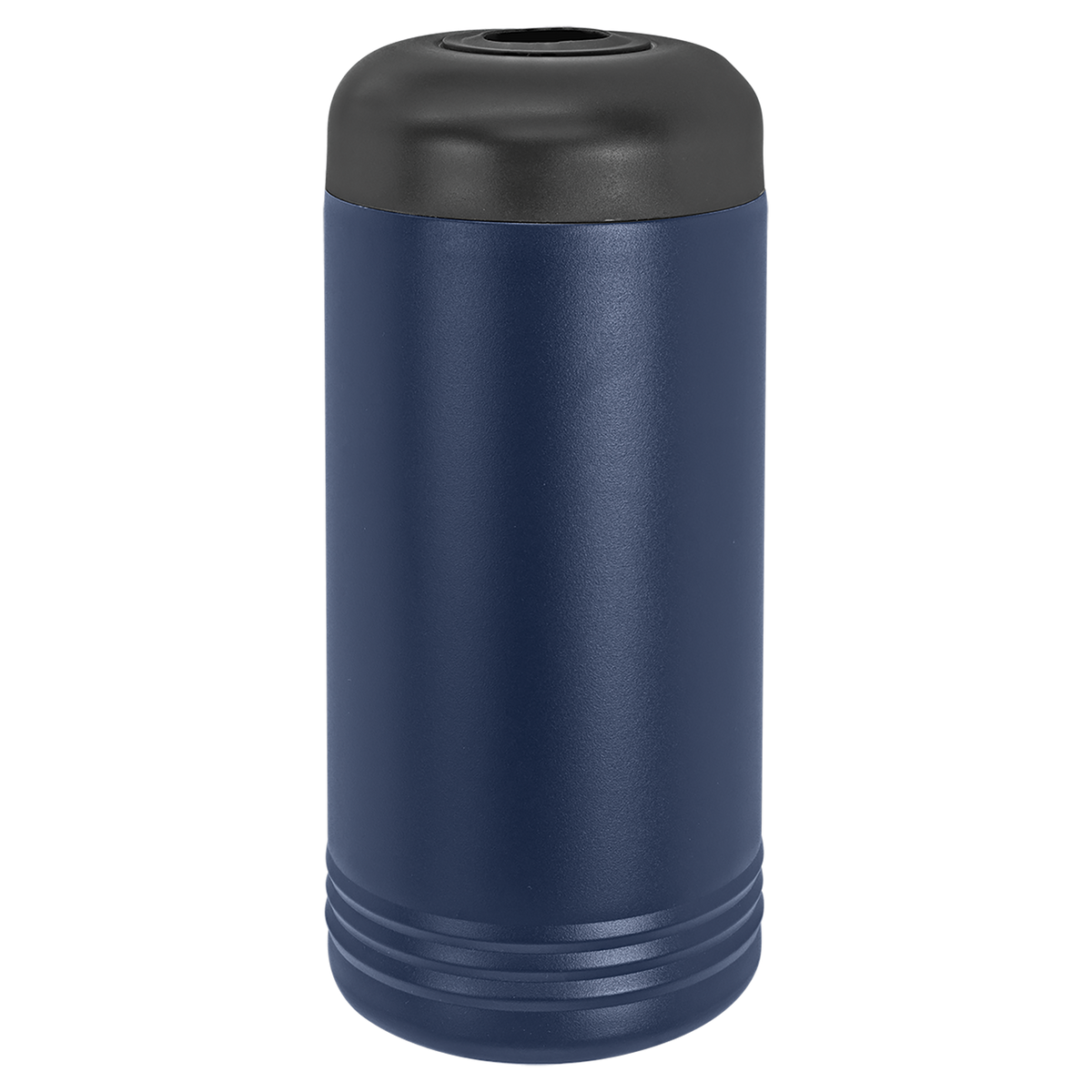 Blue cylindrical trash can with a black lid on a white background, polar camel.