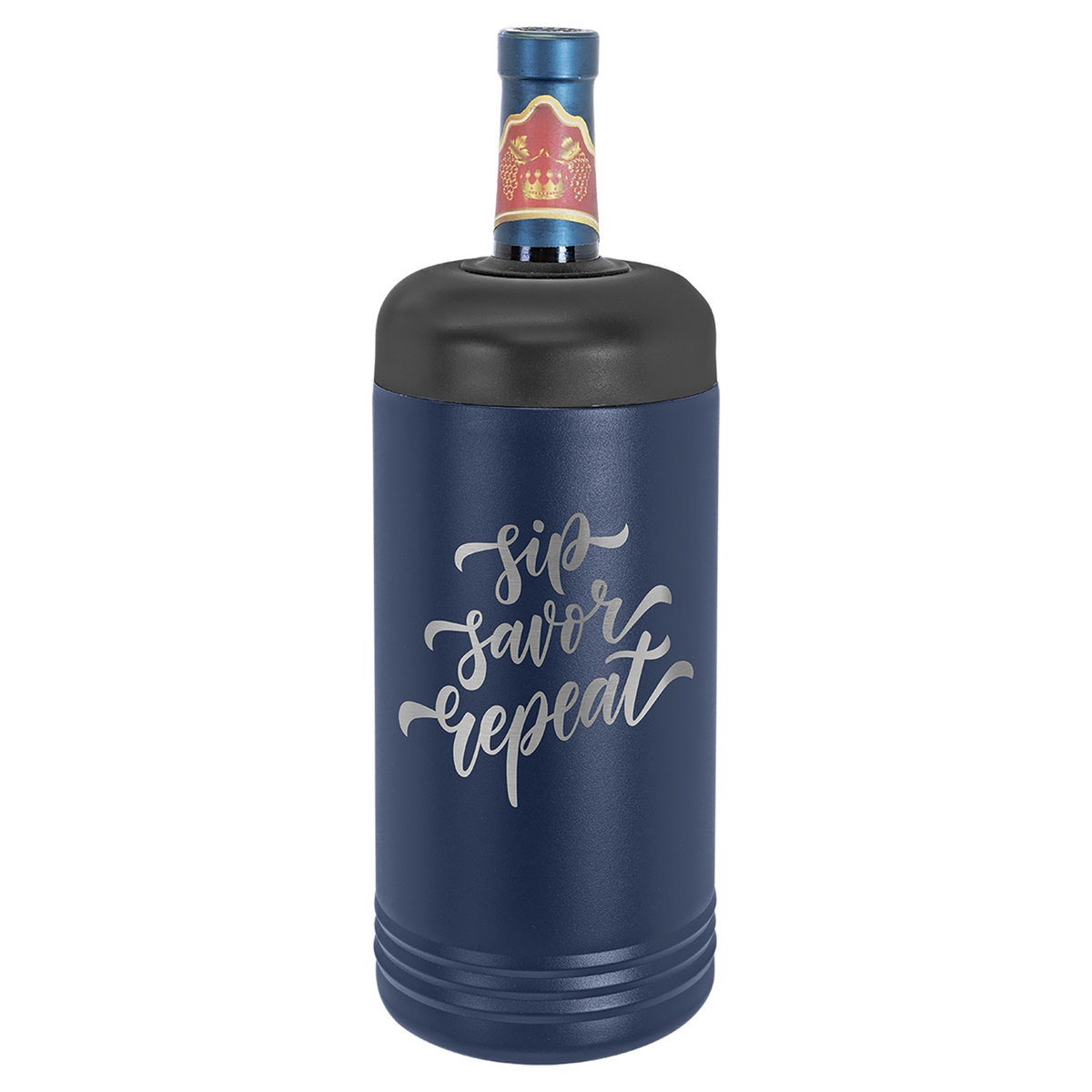 Navy blue wine bottle cooler with 'sip savor repeat' text on a white background, polar camel.