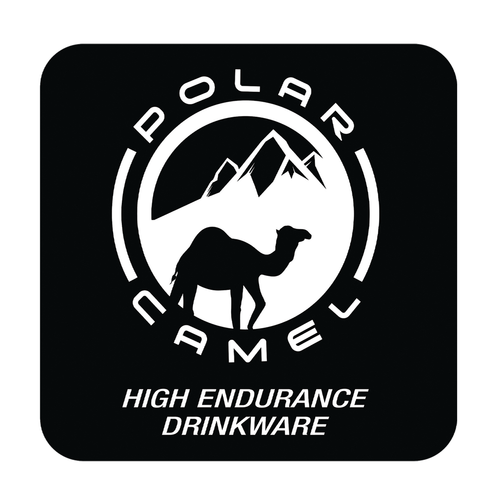 A square black product label or packaging design with rounded corners, featuring a white circular logo with a camel silhouette, mountain graphic, and the words 'POLAR CAMEL' and 'HIGH ENDURANCE DRINKWARE'.