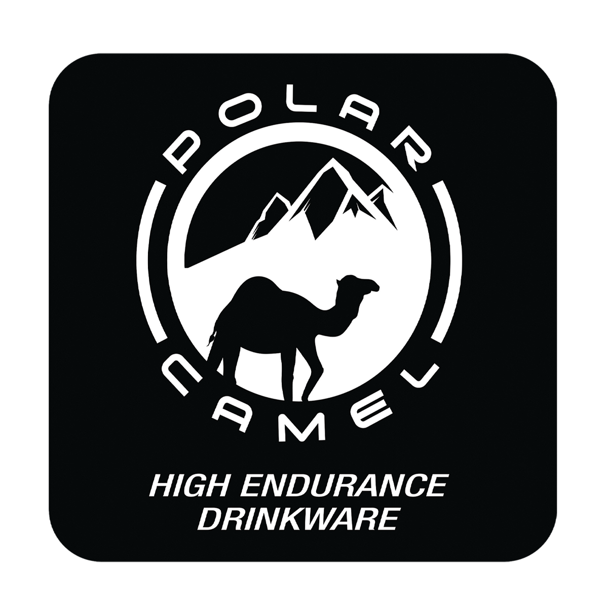 A square black product label or packaging design with rounded corners, featuring a white circular logo with a camel silhouette, mountain graphic, and the words 'POLAR CAMEL' and 'HIGH ENDURANCE DRINKWARE'.