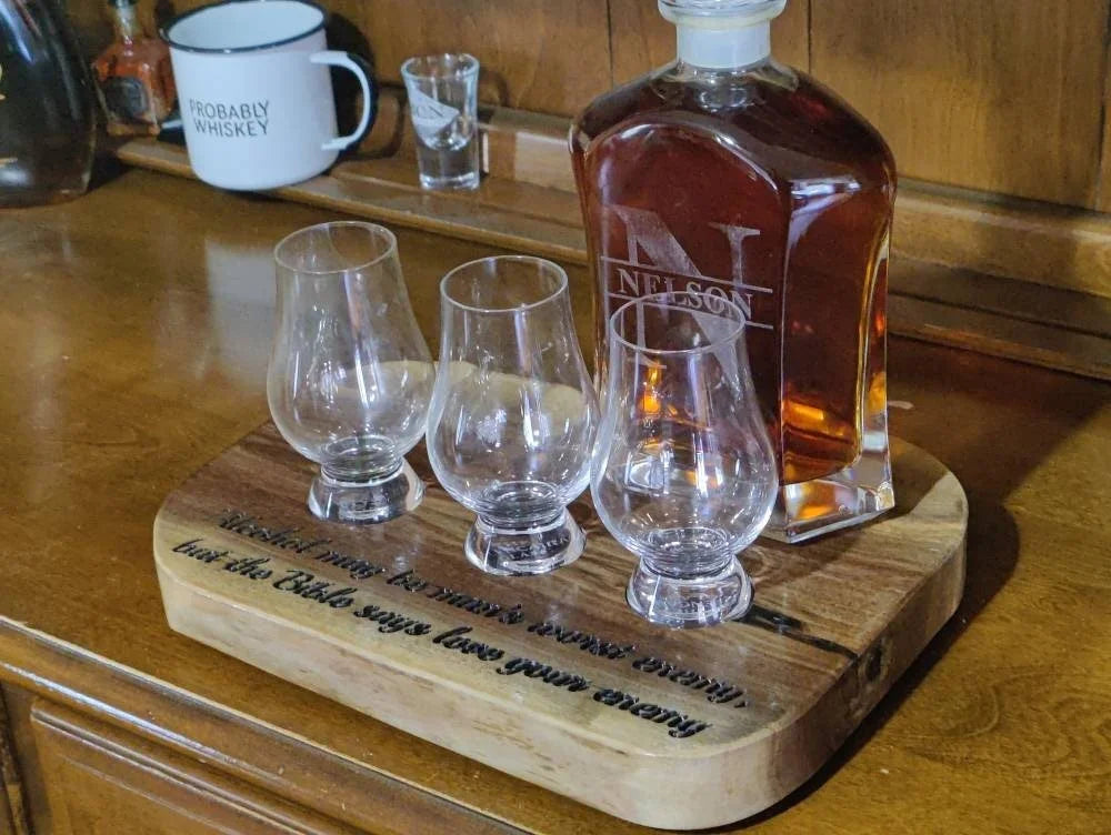 Tasting Glass and Bottle Display / Flight Set, Black Walnut, Perfect for Bourbon, Whiskey, Tequila, Vodka