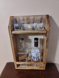 Wall Mounted Bar Shelf, Whiskey Tasting Flight, Glencairn and Barbary Glass Holder, Solid Wormy Maple Liquor Cabinet