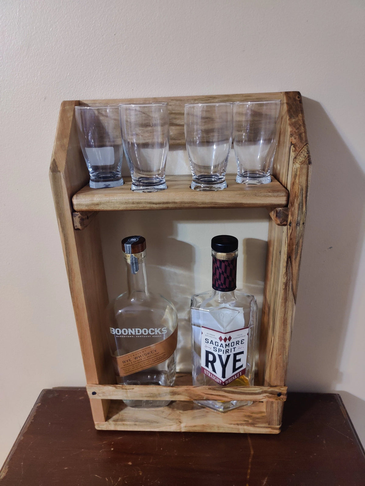 Wall Mounted Bar Shelf, Whiskey Tasting Flight, Glencairn and Barbary Glass Holder, Solid Wormy Maple Liquor Cabinet