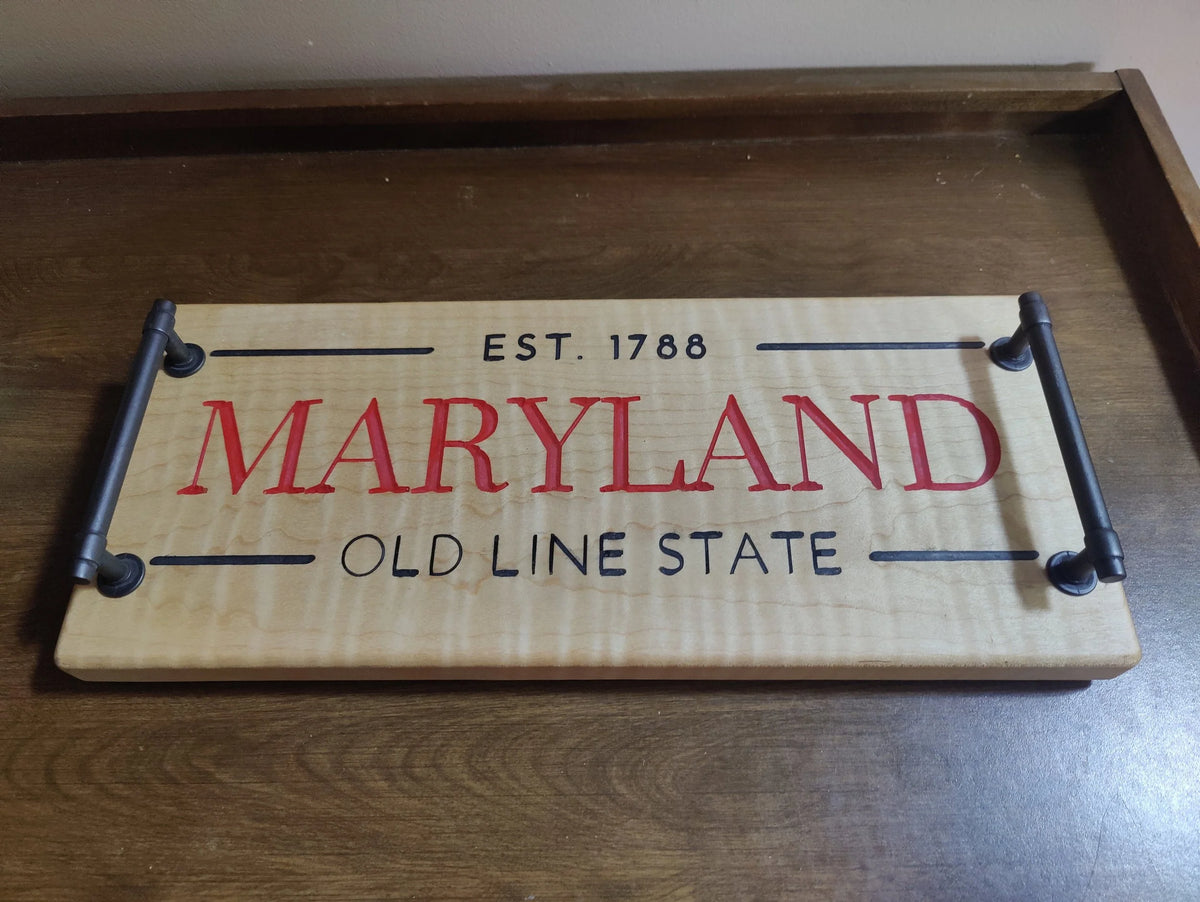 Engraved Maryland Theme Serving Tray with Handles - Charcuterie Table Center Piece Old Line State Theme