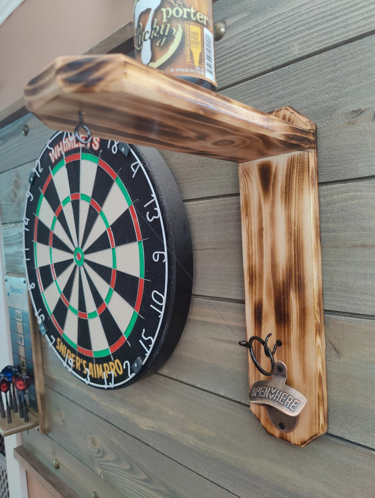 Wall Mounted  Hook and Ring Game,  with bottle opener and holder for your can or bottle, expertly crafted from solid wood