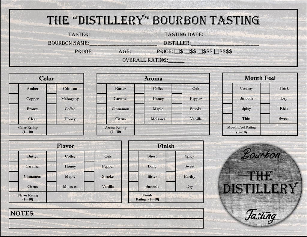 A printed tasting form titled "THE 'DISTILLERY' BOURBON TASTING" with fields for color, aroma, mouth feel, flavor, and finish, plus a circular logo reading "Bourbon The Distillery Tasting" on a wood-textured background.