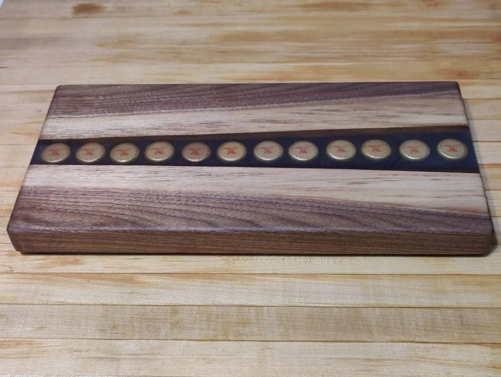 Black Walnut River Beer Tray, with imbedded Yuengling Bottle Caps in Resin River - Table Centerpiece