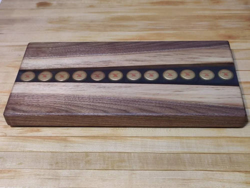 Black Walnut River Beer Tray, with imbedded Yuengling Bottle Caps in Resin River - Table Centerpiece